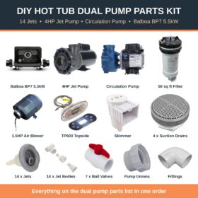 DIY hot tub dual pump parts kit - Balboa BP7, 4HP jet pump, circulation pump, filter, blower, jets and fittings