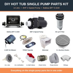 DIY Hot Tub Single Pump Parts Kit – 4HP 2-Speed Pump, Balboa BP7 5.5kW & Plumbing DIY hot tub single pump parts kit - Balboa BP7, 4HP 2-speed pump, filter, blower, jets and fittings